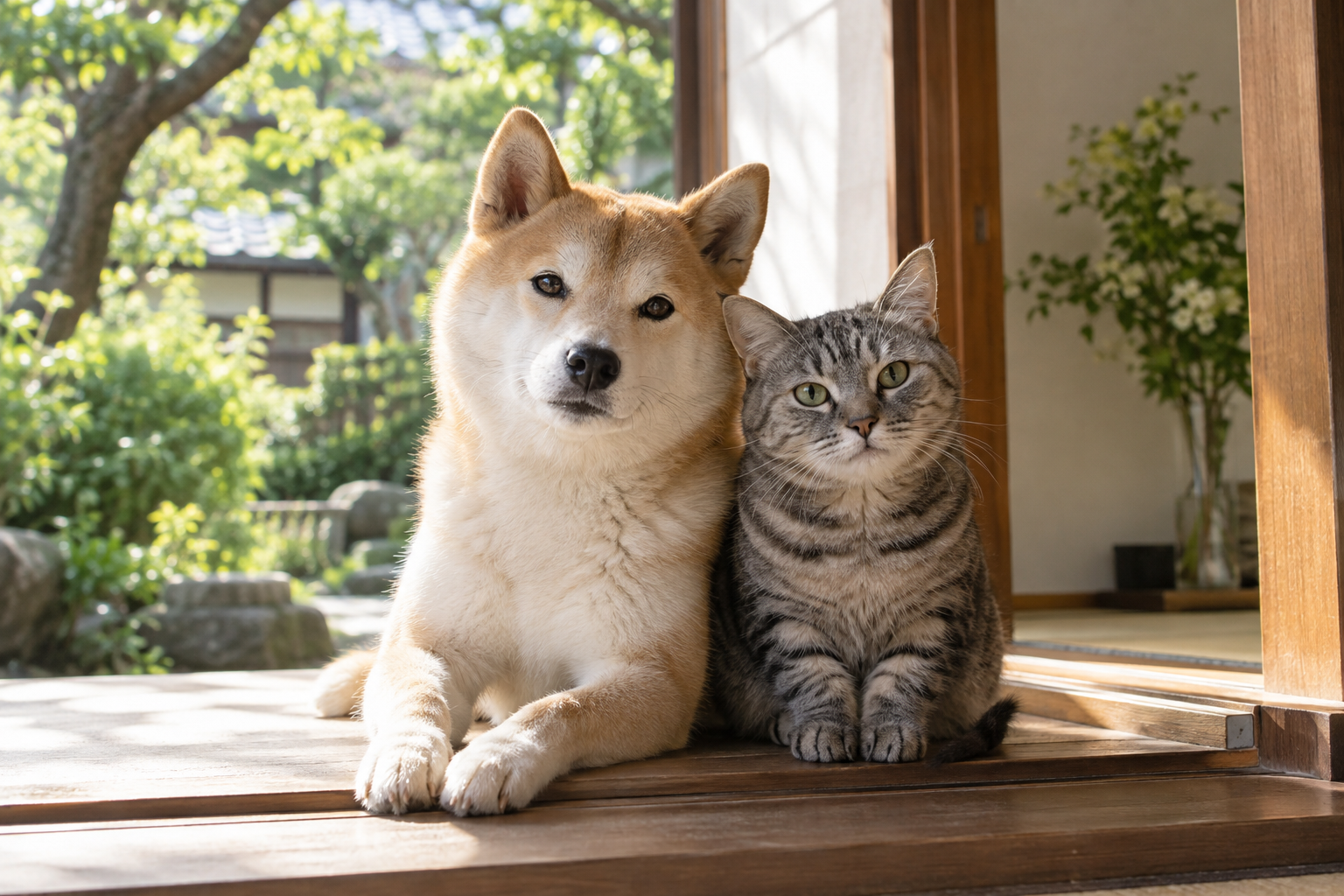 縁側で寄り添う柴犬と猫のブランドイメージ